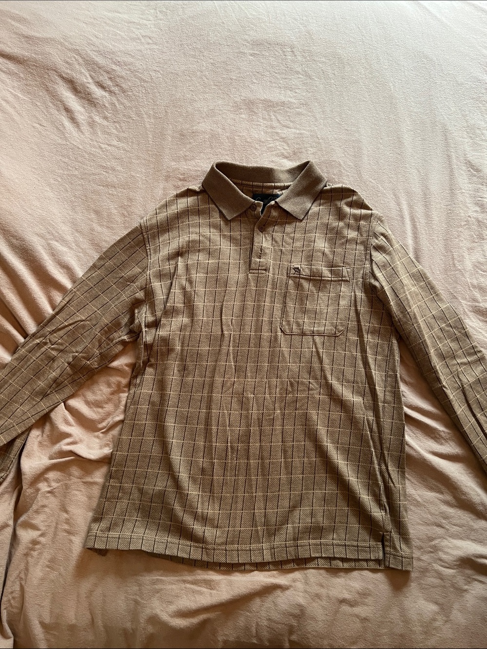 Men's Long-Sleeve Polo Shirt in Light Brown Plaid